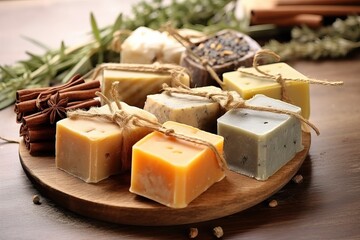 Handmade soap bars with herbs and natural additives