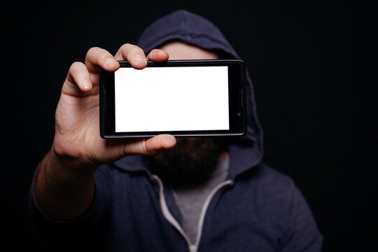 Hipster man beard taking picture smartphone self-portrait, screen view