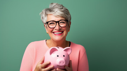 Cheerful senior woman smiling widely while holding a piggybank, standing against a turquoise blue background.