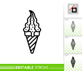 Icecream single sign. Wafer cone ice cream black line icon. fruit, vanilla or shocolate with nut waffle horn whipped cream sweet dessert. Close vector illustration isolated on white