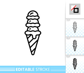 Triple ball waffle cone Ice cream. single sign fruit, chocolate vanilla wafer icecream black line icon. Summer sweet dessert. Close vector illustration isolated on white