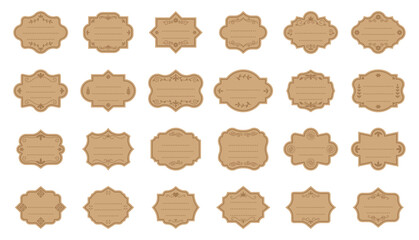 Retro cardboard flat frame. Elegant blank stickers template for text badge, craft scrapbook price tag, product label. Different shapes with vintage pattern. Victorian border luxury package sticker