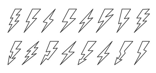 Lightning black line icon set. Energy power charge sign. Thunder bolt strike electricity linear symbol. Thunderbolt flash pictogram. Powerful electrical discharge hitting. Danger zigzag arrow concept - obrazy, fototapety, plakaty