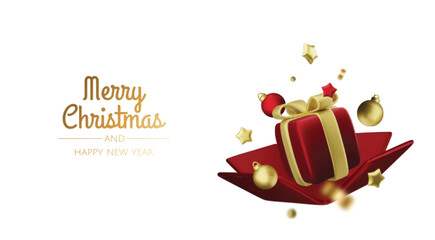 Happy New Year and Merry Christmas. Christmas holiday background with realistic 3d objects,gold and red bauble balls, conical metal stars. Levitation falling design composition.