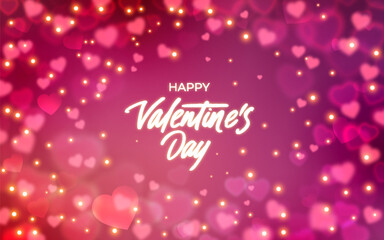 Happy Valentines Day banner. Heart shape defocused blurred bokeh abstract background with golden shine glow sparkles lights