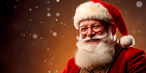 charismatic santa claus striking a pose against a colored background promoting the holiday . Generative AI