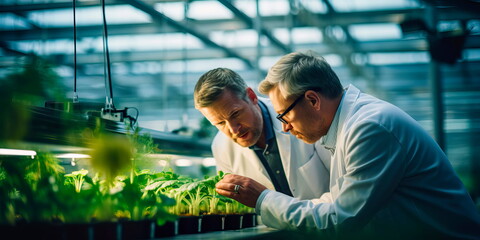 Fototapeta na wymiar A worker and a scientist solve greenhouse problems, among lush plants in a huge greenhouse of an agricultural complex. Generative AI
