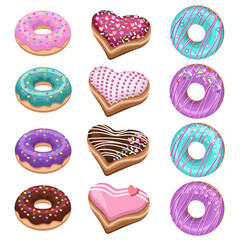 Collection of beautiful multi-colored donuts, in the shape of a heart, with colored sprinkles, isolated on a white background. Vector set for festive designs for birthdays, Valentine's Day, bakeries, 