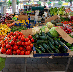 Fruit market with various colorful fresh fruits and vegetables