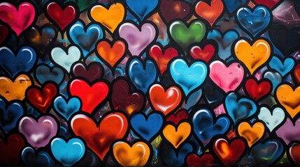 Colorful hearts painted on a wall representing love through graffiti art.