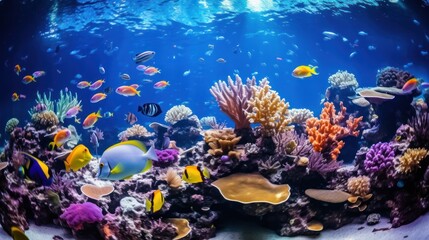 Naklejka na ściany i meble Colorful marine life swimming in a large aquarium.