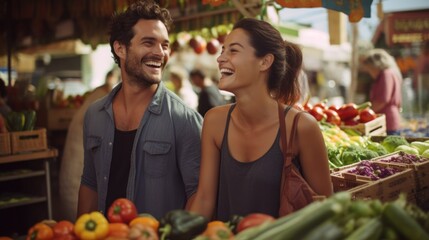 Obraz premium Diverse couple buying fresh produce at farmers market, with smiling vendor behind stand.