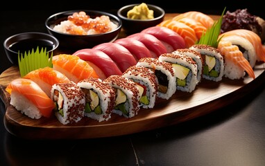 sumptuous sushi platter on dark background.