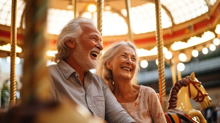 Fototapeta premium Elderly couple embracing each other with smiles, cherishing a delightful moment on a carousel at the mall - radiating peace and contentment in their love and joy.