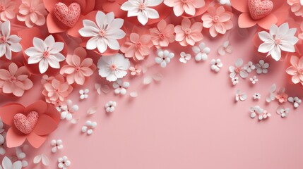 Floral-inspired romantic website background in coral pink tones, adorned with 3D hearts and blooms