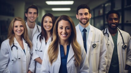 Group of healthcare professionals including a medical student, colleagues, an assistant doctor, and a nurse, all smiling happily in a hospital setting. - obrazy, fototapety, plakaty
