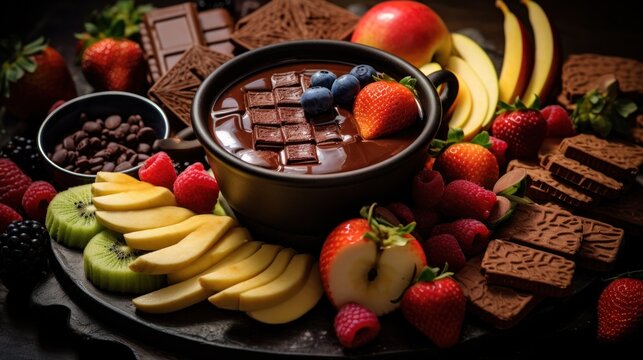 decadent chocolate fondue with fruits and treats for dipping.