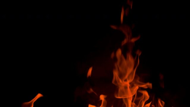 Orange flames rise and curl against a deep black background, creating a dramatic abstract fire scene with glowing heat, motion, and contrast.