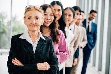 Young businesspeople and senior woman confidently looking camera in the office symbolize thriving...