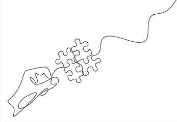 Continuous one line drawing of hand and puzzle. Business matching - connecting puzzle elements. Puzzle game symbol and iconic business metaphor for problem solving, solution and strategy.