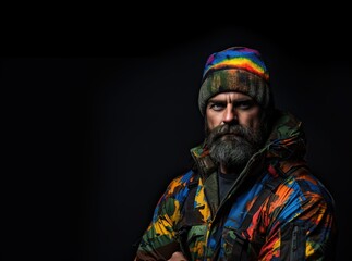 A man in a camouflage suit stands near a dark background