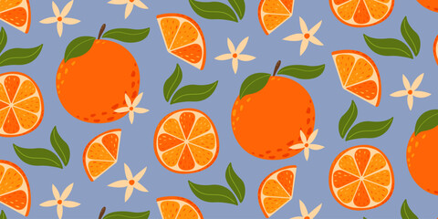 Seamless pattern with oranges and flowers. Summer fruit vector illustration in cartoon flat style on isolated background. For paper, cover, fabric, gift wrapping