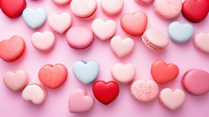 Obraz premium Heart-shaped macarons on a beautiful pastel pink background arranged flat on a surface for Valentine's Day.