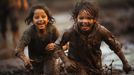 Little boys playing in muddy ponds. Children play mud happily. Photo of two small kids playing in mud.Ai