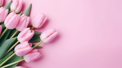 Bouquet of pink and white tulips on a pink background. Flat lay, copy space