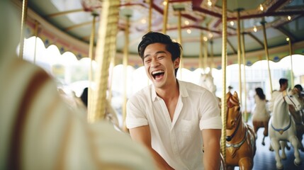 smiling Asian couple enjoying a carousel ride with joy and happiness - obrazy, fototapety, plakaty