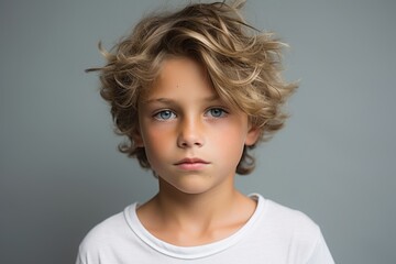 Portrait of a cute little boy with blond curly hair. Studio shot.