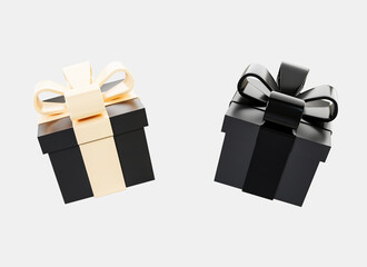 3D realistic black gift boxes with ribbon isolated on white background. Happy New Year and Merry Christmas. Design element for birthday, wedding, advertising banner of sale and other life events.