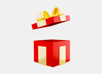 3D realistic open red  gift box with golden ribbon isolated on white background. Happy New Year and Merry Christmas. Design element for birthday, wedding, advertising banner of sale