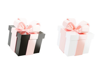 3D realistic black and white gift boxes with pink ribbon isolated on white background. Happy New Year and Merry Christmas. Design element for birthday, wedding, advertising banner of sale