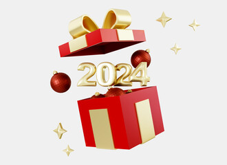 3D realistic render Christmas and New Year 2024 open red gift box with number, balls, stars. Sign 2024. Xmas sale present. Celebrate party 2024.