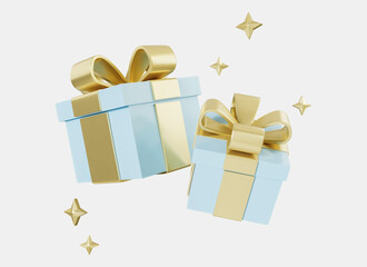3D realistic blue gift boxes with golden ribbon and stars isolated on white background. Happy New Year and Merry Christmas. Design element for birthday, wedding, advertising banner of sale 