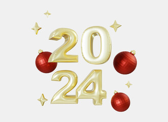 Realistic 2024 golden numbers on black background. Holiday illustration. Happy New 2024 Year. New year ornament. Decoration element with balls and stars