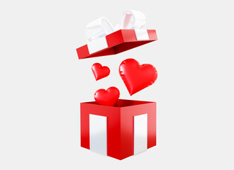3d red heart shaped balloons flying out of a red gift box. Valentine's Day. Romantic element.