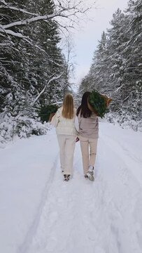 Rear view of two women walking in snowy forest holding fir branch on their shoulders
