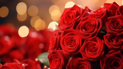 A bouquet of red roses on a background of lights bokeh, women's day, copy space