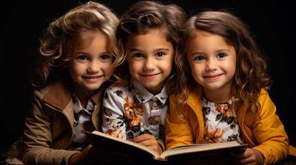cute kids reading story books in home. Kids reading together looking at book at house.Ai