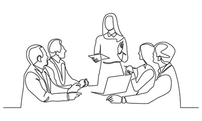 Continuous line drawing of a businesswoman discussing in the office meeting room. discussion in a conference room. Concept of Business meeting and presentation.Isolated on a white background.
