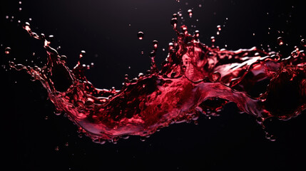 Splashes of red wine from dark-coloured grape varieties. Black background. Generative AI