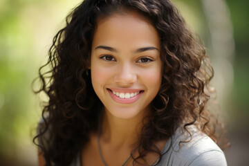 Fototapeta premium Radiant young woman with luscious curly hair and a captivating smile.