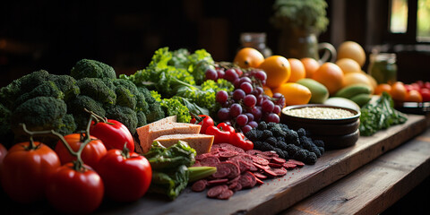balanced diet, cooking, culinary and food concept - close up of vegetables, fruit and meat on wooden table.nutrition, healthy eating concept. Food sources rich in vitamin B6, pyridoxine. Ai - obrazy, fototapety, plakaty