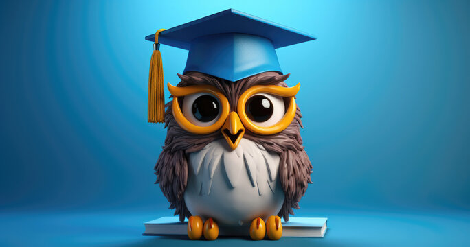 A scholarly cartoon owl, with a graduation hat and glasses, stands atop a book against a blue backdrop, evoking wisdom and achievement