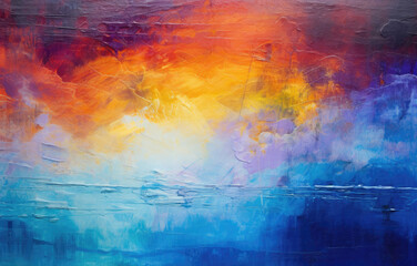 Obraz na płótnie Canvas Radiant abstract seascape with fiery skies contrasting cool blue waters, exuding calmness and warmth.