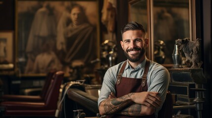 Fototapeta na wymiar Portrait of a skilled barber smiling, with a barber chair and grooming tools in the background