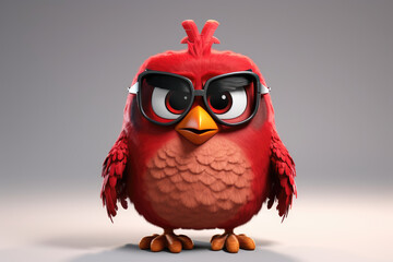 Red bird with a fierce expression and large, round glasses stands boldly, embodying an iconic game character's style.