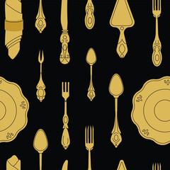 Fancy golden Cutlery seamless pattern set with table knife, spoon, fork, napkin, dessert, tea. Various shapes. Vintage style. Restaurant, dinner concept. Vector illustration isolated on background